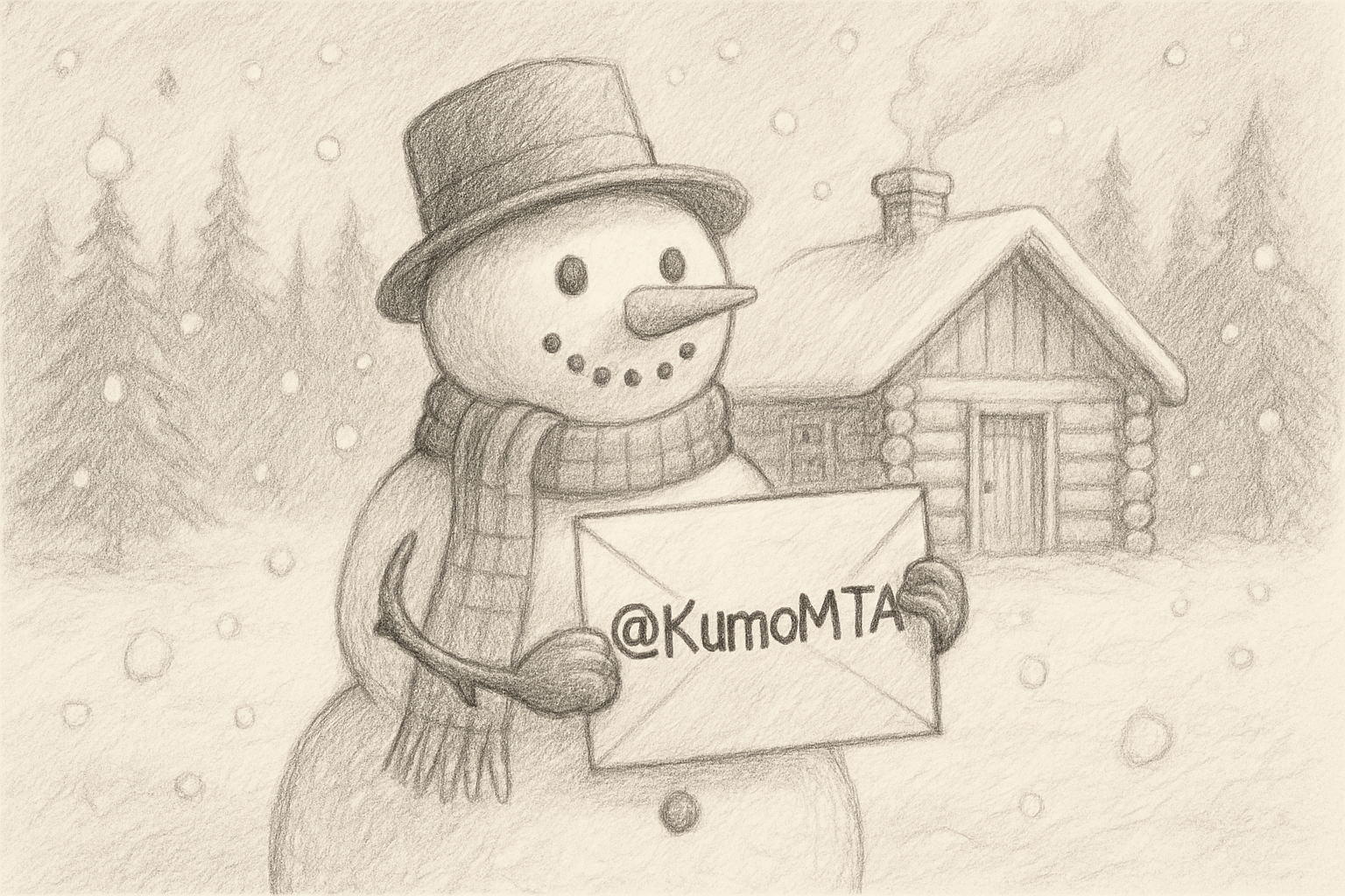 A snowman holding an envelope with KumoMTA on it.