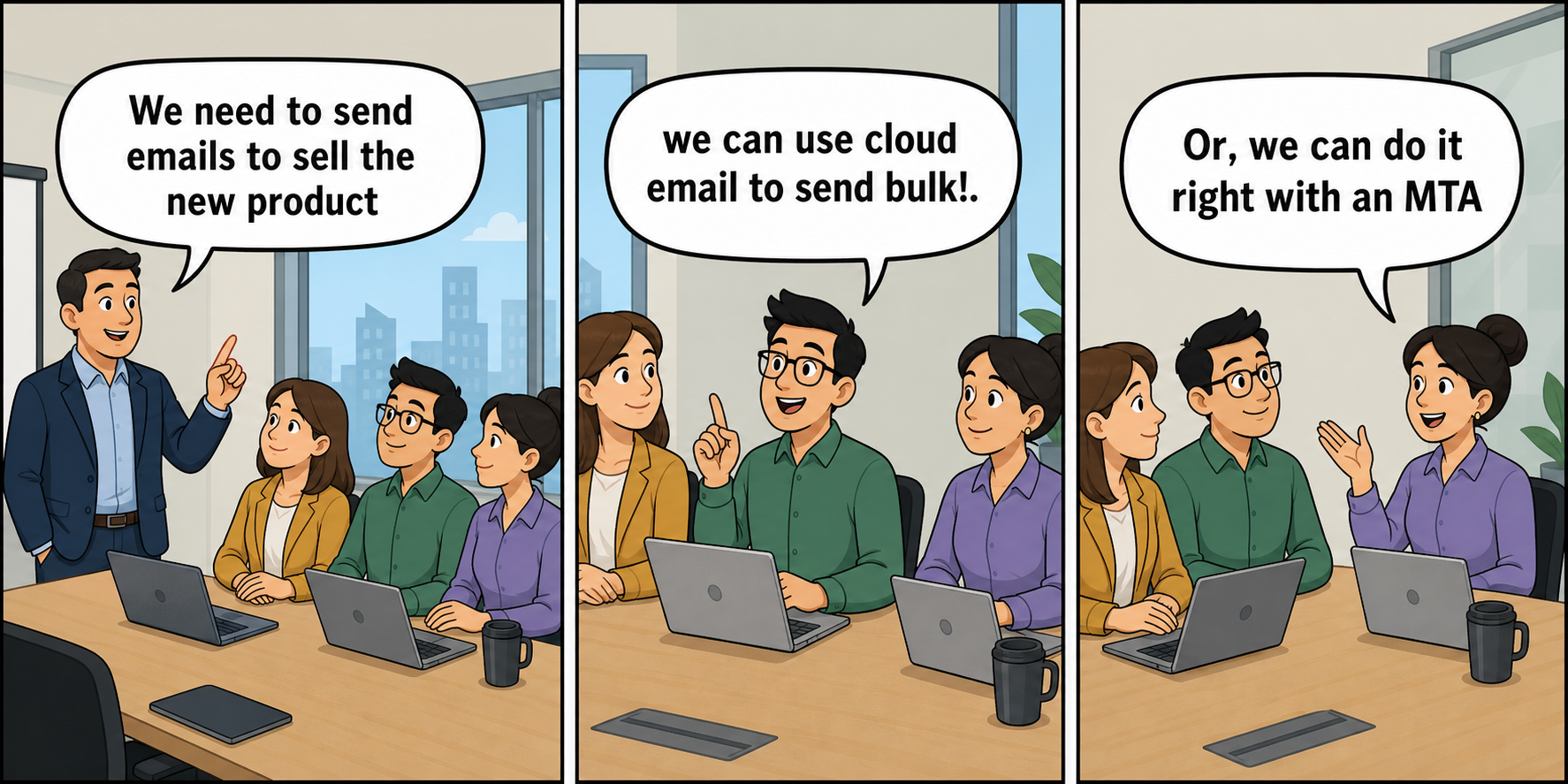 Cartoon strip of email team discussing methods.