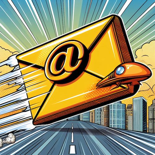 Email envelope speeding through a city